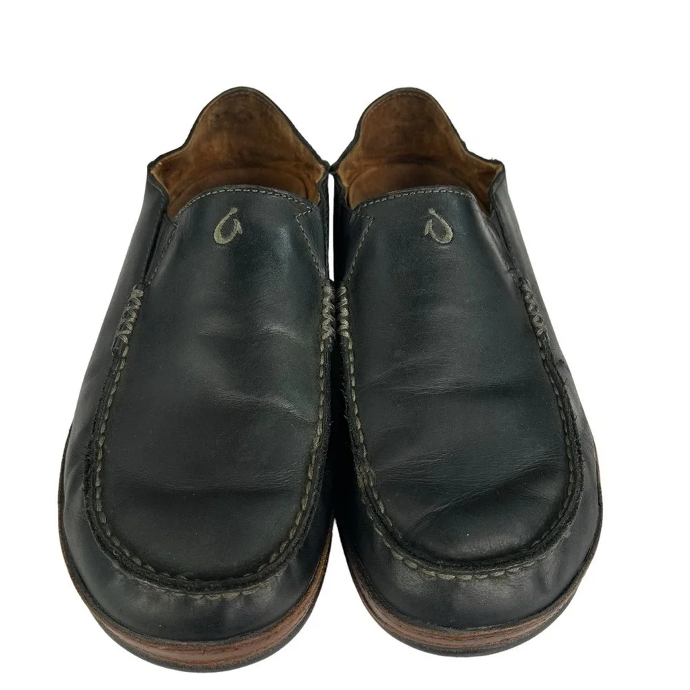 Olukai Maloa Loafers Mens 9.5 Black Leather Back Drop Heels‎ Shoes